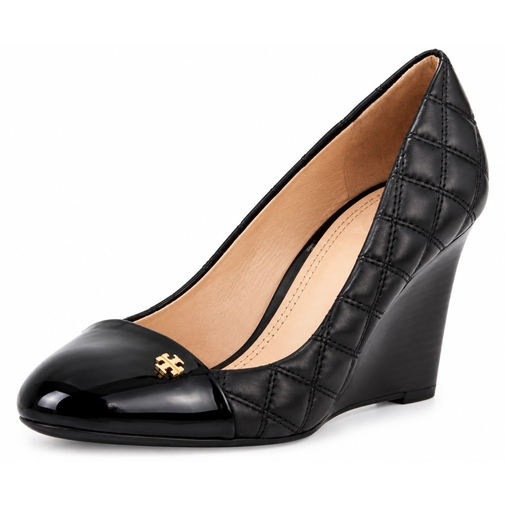 Tory Burch Black Quilted Patent Toe Wedge Pumps Women's Shoes sz 7.5